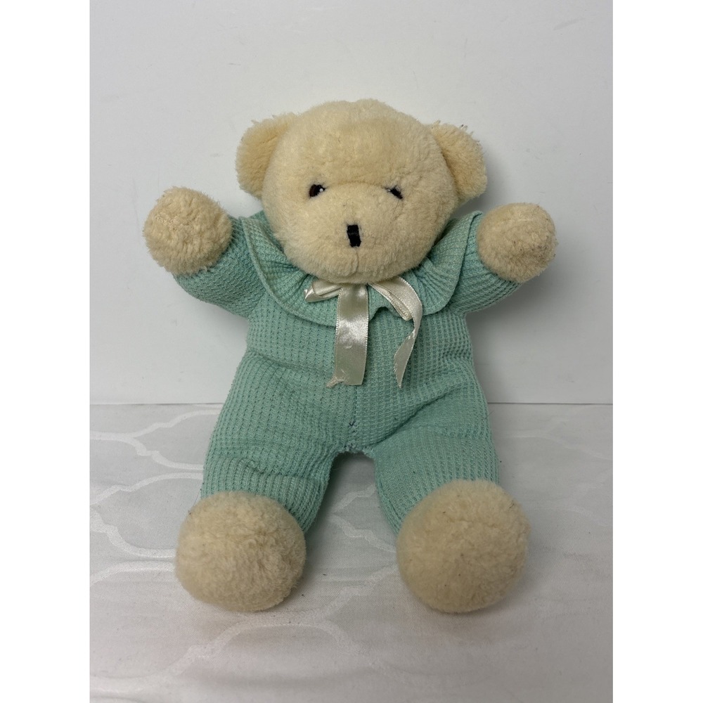 VTG Eden ? Pastel Green Teddy Bear Rattle Plush Waffle Weave Stuffed Toy 90s